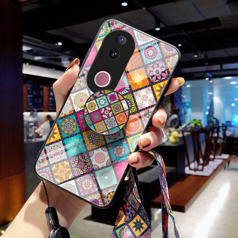 Cover Hoesje Vivo V50 5g Telefoonhoesje Patchwork Standaard En Riem