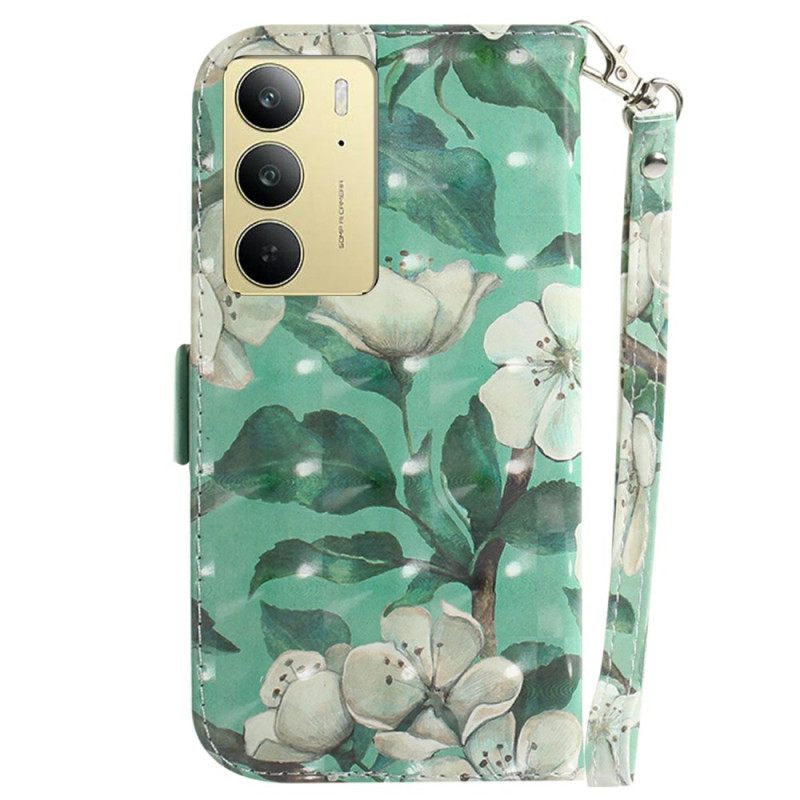 Leren Hoesje Realme C75 Sleutelkoord Met Aquarelbloemen Bescherming Hoesje