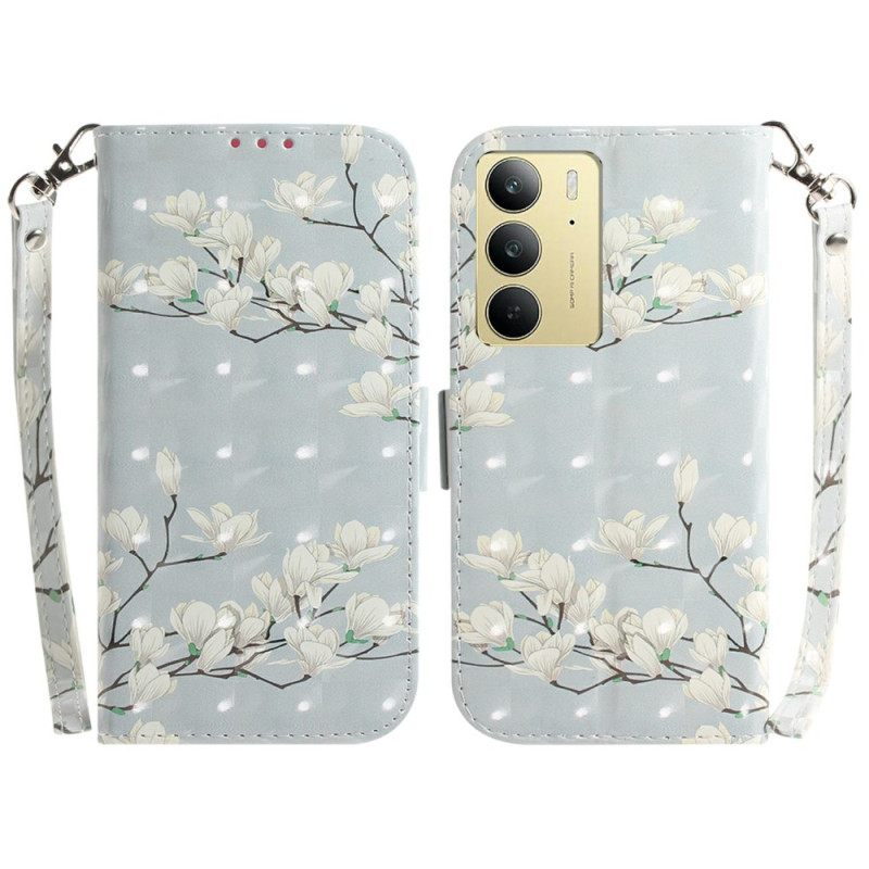 Leren Hoesje Realme C75 Sleutelkoord Met Magnolia's Bescherming Hoesje