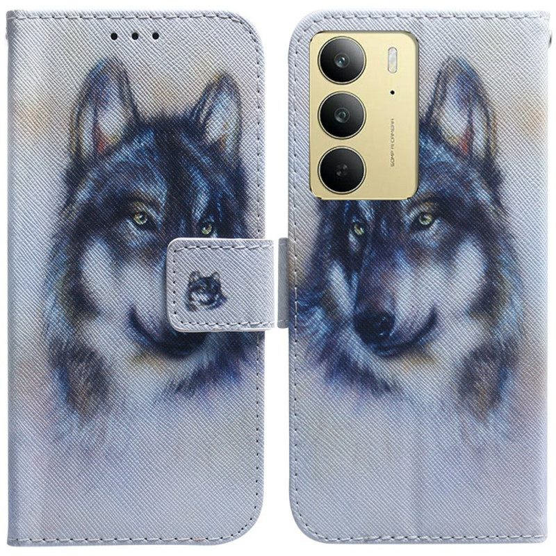 Leren Hoesje Realme C75 Wolf In Aquarel Bescherming Hoesje