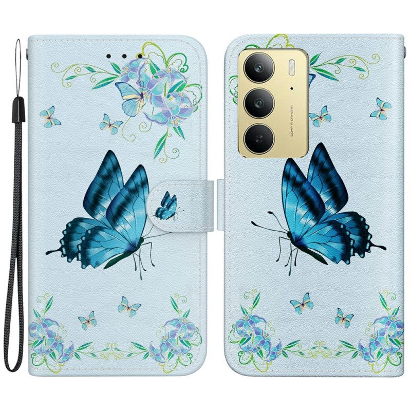 Leren Hoesje Voor Realme C75 Blauwe Vlinder En Bloemen
