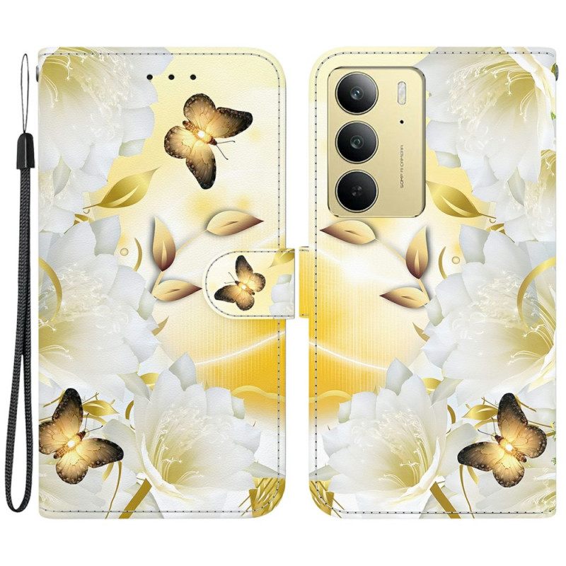 Leren Hoesje Voor Realme C75 Gouden Vlinders En Witte Bloemen