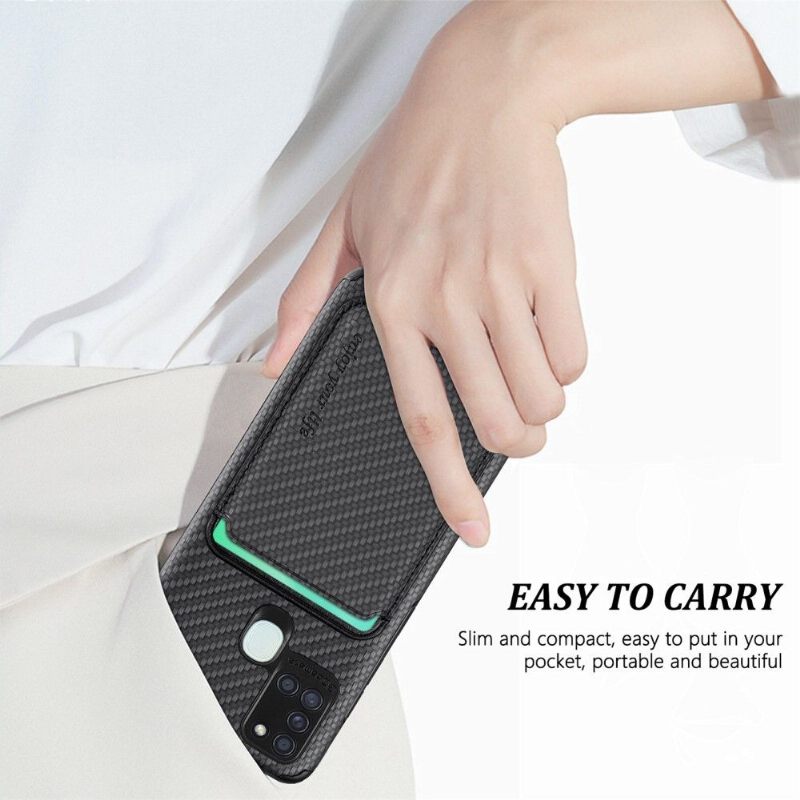 Hoesje voor Samsung Galaxy A21s Anti-fall Magnetische Kaarthouder Van Koolstofvezel