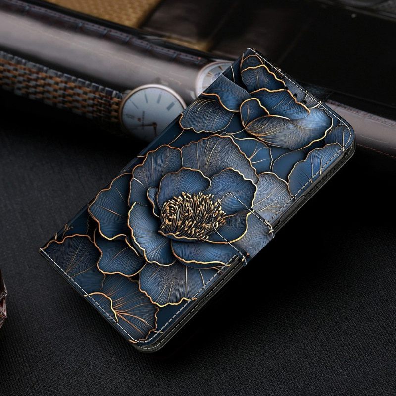 Leren Hoesje Samsung Galaxy S26 Blauwgouden Pioenroos Bescherming Hoesje