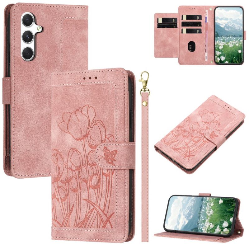 Leren Hoesje Samsung Galaxy S26 Portemonnee Met Bloemenprint En 5 Kaartsleuven