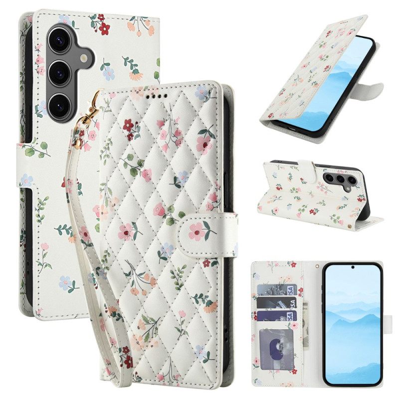 Leren Hoesje Samsung Galaxy S26 Portemonnee Met Bloemenprint En Draagkoord