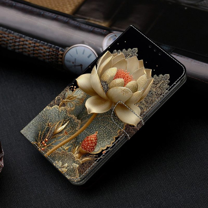 Leren Hoesje Voor Samsung Galaxy S26 Gouden Lotus