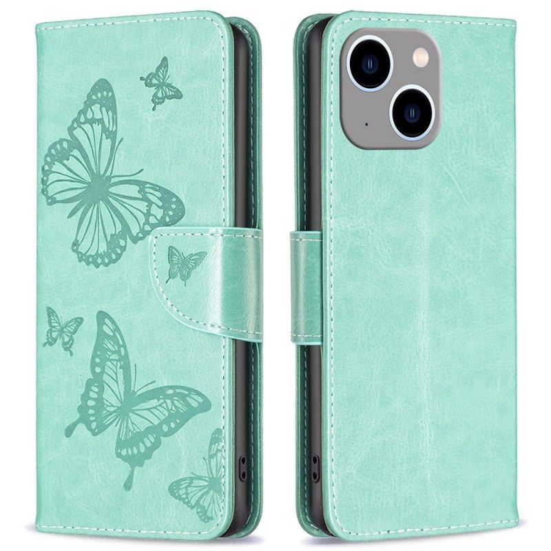 Folio-hoesje voor iPhone 14 Plus Met Ketting Vlinders Bedrukte Strappy