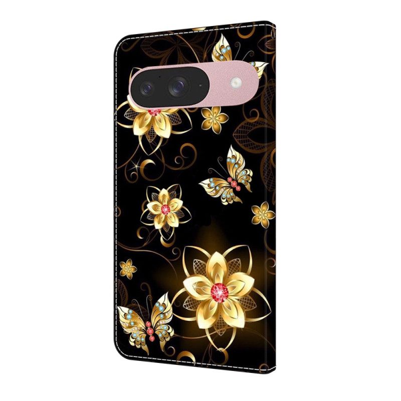 Folio-hoesje Google Pixel 10 / 10 Pro Telefoonhoesje Gouden Bloemen En Vlinders