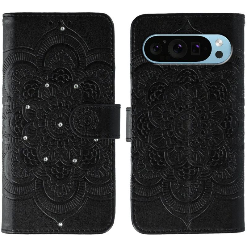 Leren Hoesje Voor Google Pixel 10 / 10 Pro Mandala Met Strass-steentjes