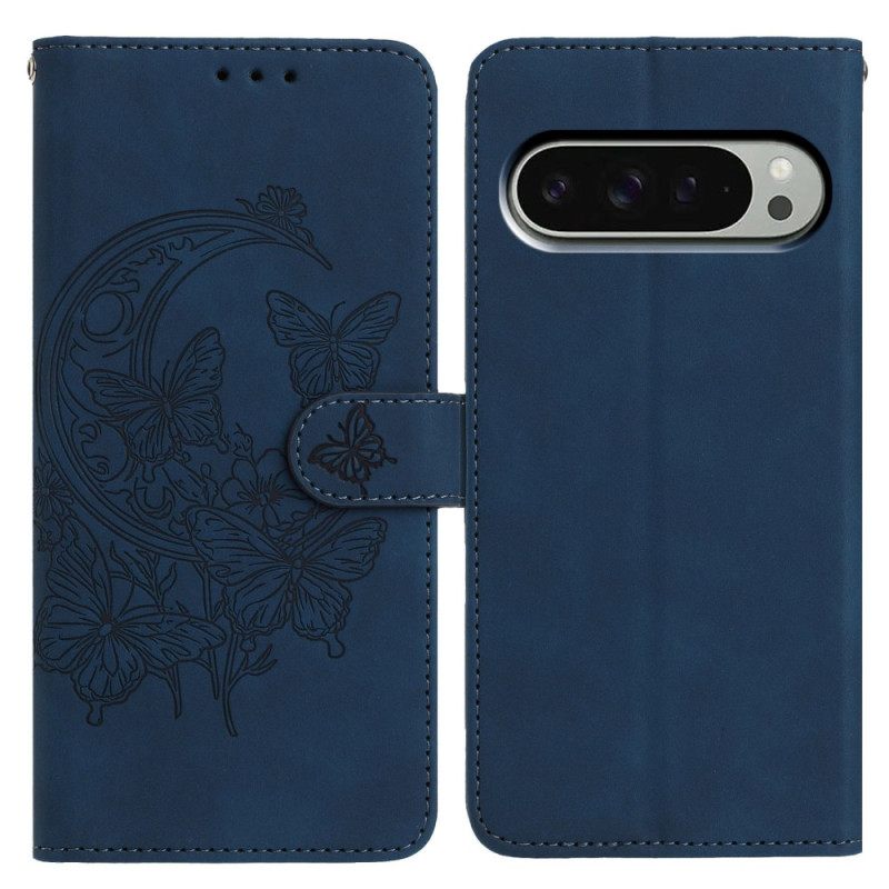 Leren Hoesje Voor Google Pixel 10 / 10 Pro Vlinder- En Bloemenprint