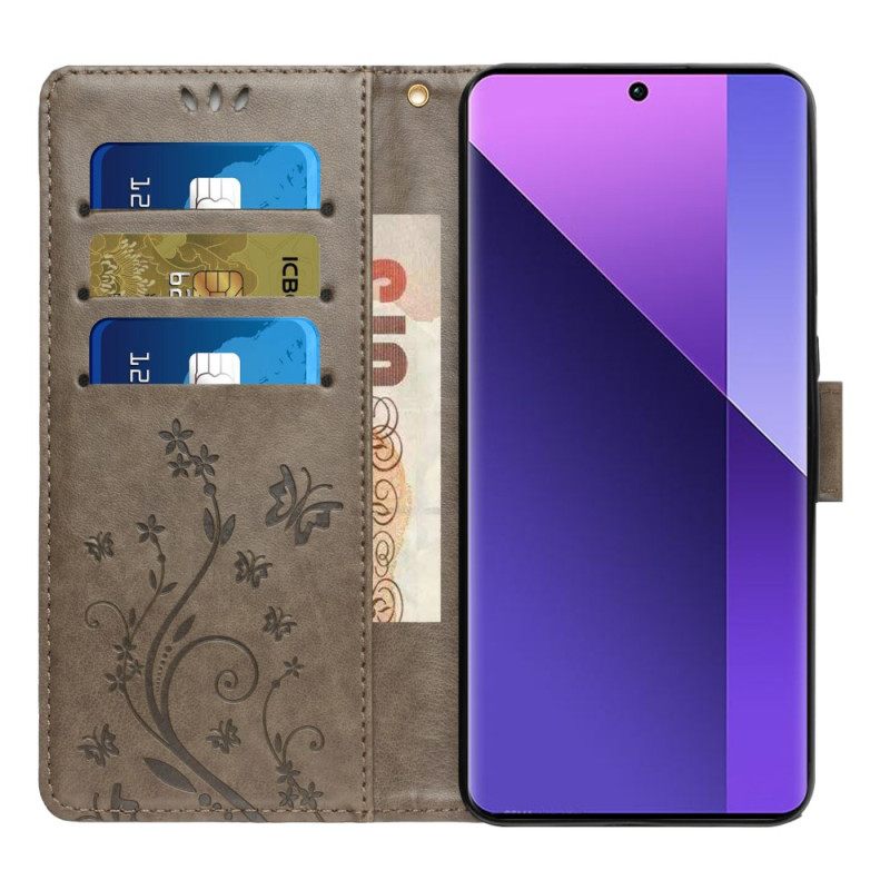Leren Hoesje Xiaomi Redmi Note 14 Pro 5g Vlinder- En Bloemenprint Bescherming Hoesje