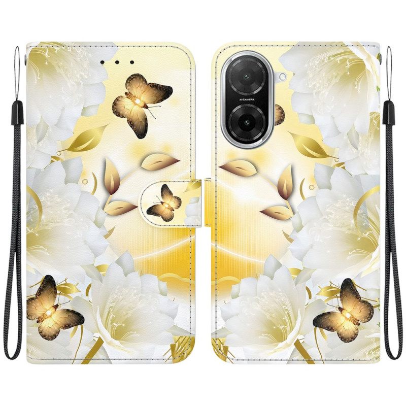 Folio-hoesje Poco C71 Telefoonhoesje Gouden Vlinders En Witte Bloemen