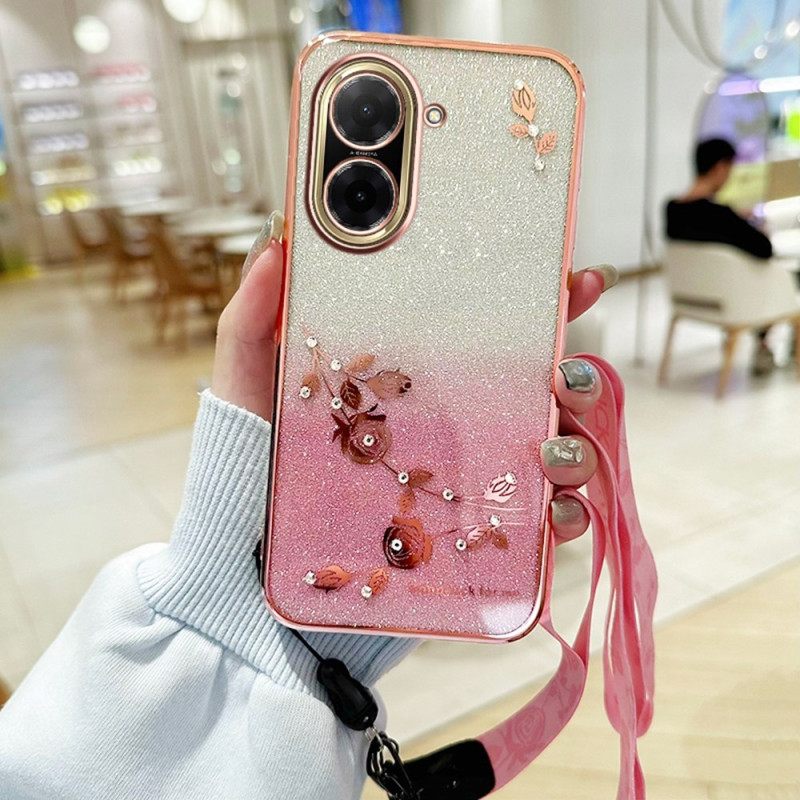 Hoesje Voor Poco C71 Bloemen Strass-steentjes En Kadem-bandjes