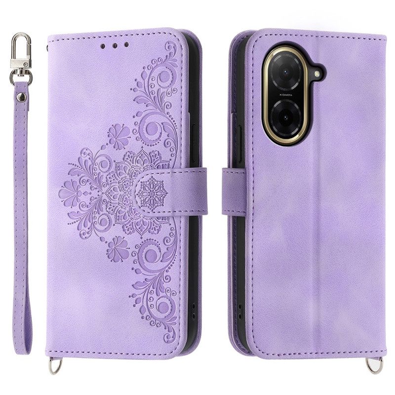 Leren Hoesje Poco C71 Bloemenkant Met Koord En Schouderband