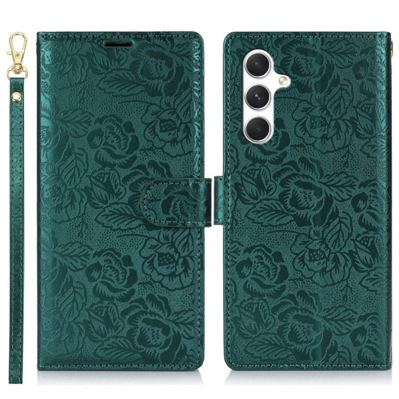 Leren Hoesje Voor Samsung Galaxy S25 5g Koord Met Bloemenprint