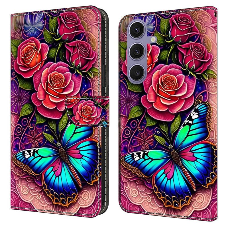 Leren Hoesje Samsung Galaxy S25 Plus 5g Blauwachtige Vlinder Bescherming Hoesje