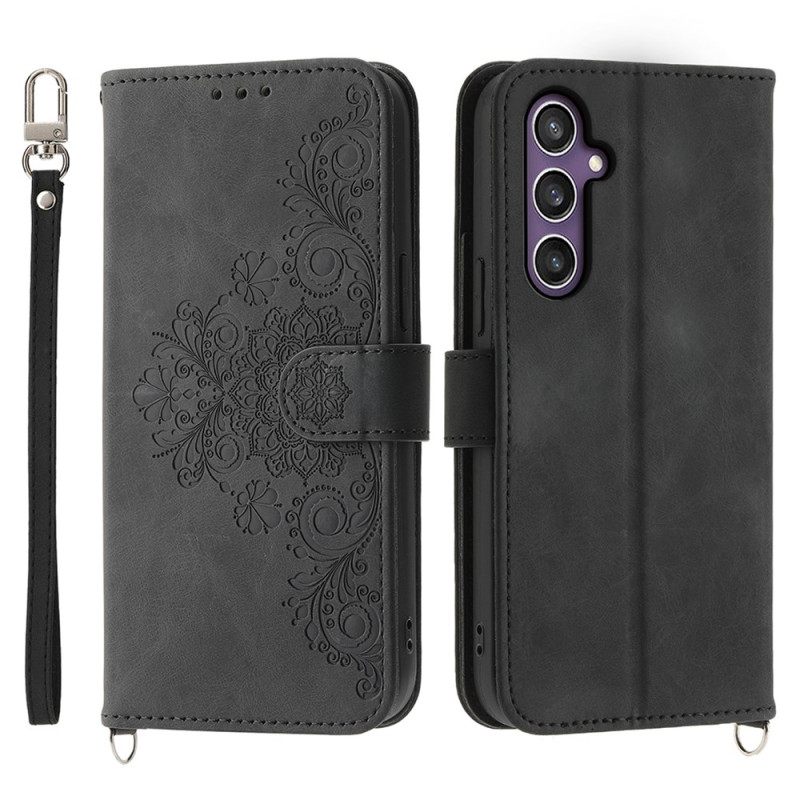 Leren Hoesje Samsung Galaxy S25 Plus 5g Bloemenpatroon En Bandjes Bescherming Hoesje