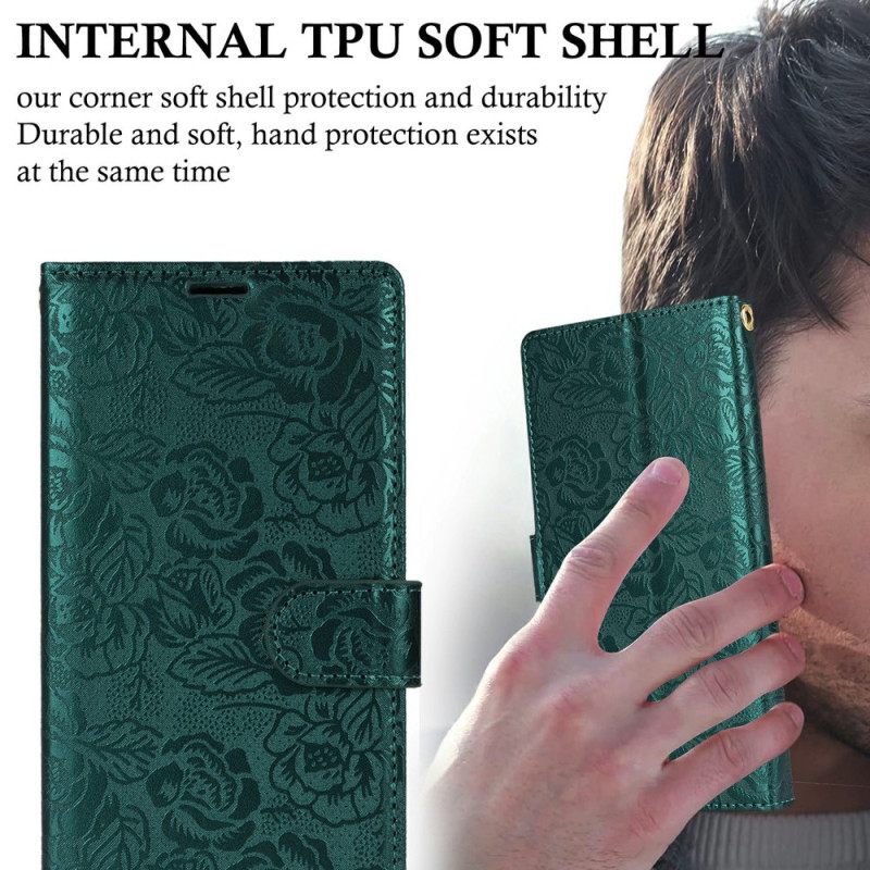 Leren Hoesje Samsung Galaxy S25 Plus 5g Bloemenprint Met Bandje