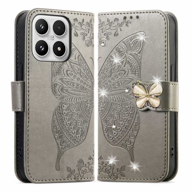 Leren Hoesje Voor Xiaomi 17 3d-vlinder En Strass-steentjes