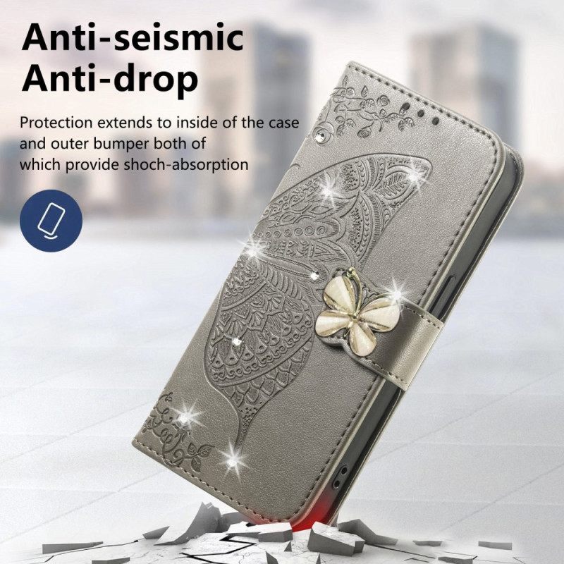 Leren Hoesje Voor Xiaomi 17 3d-vlinder En Strass-steentjes