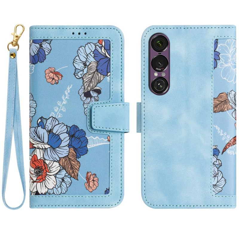 Flip Case Leren Sony Xperia 1 Vii Bloemenprint Met Bandje