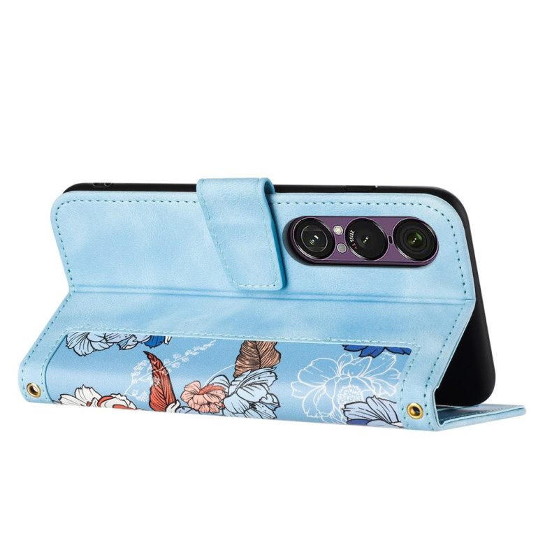 Flip Case Leren Sony Xperia 1 Vii Bloemenprint Met Bandje