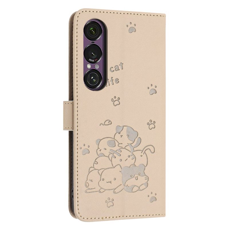 Flip Case Leren Sony Xperia 1 Vii Cartoonkatten Met Bandjes