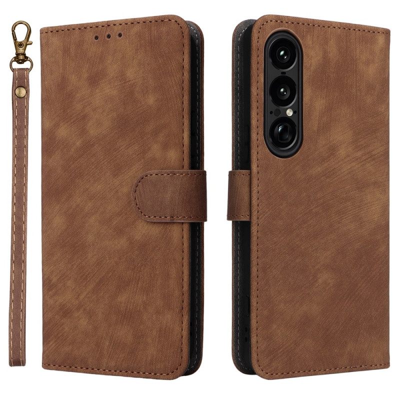 Flip Case Leren Sony Xperia 1 Vii Rfid-bescherming En Bandje