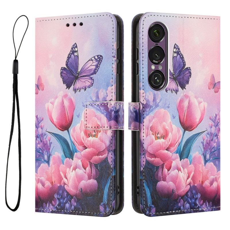 Folio-hoesje Sony Xperia 1 Vii Bloemen- En Vlinderpatroon