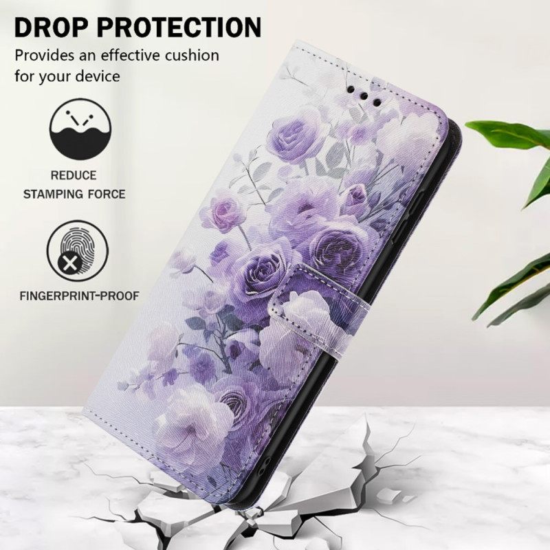 Leren Hoesje Sony Xperia 1 Vii Paarse Rozen Bescherming Hoesje