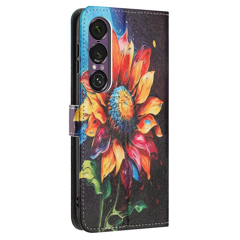 Leren Hoesje Sony Xperia 1 Vii Zonnebloempatroon Bescherming Hoesje