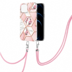 Hoesje voor iPhone 13 Pro Met Koord Marmer En Bloemenkroon