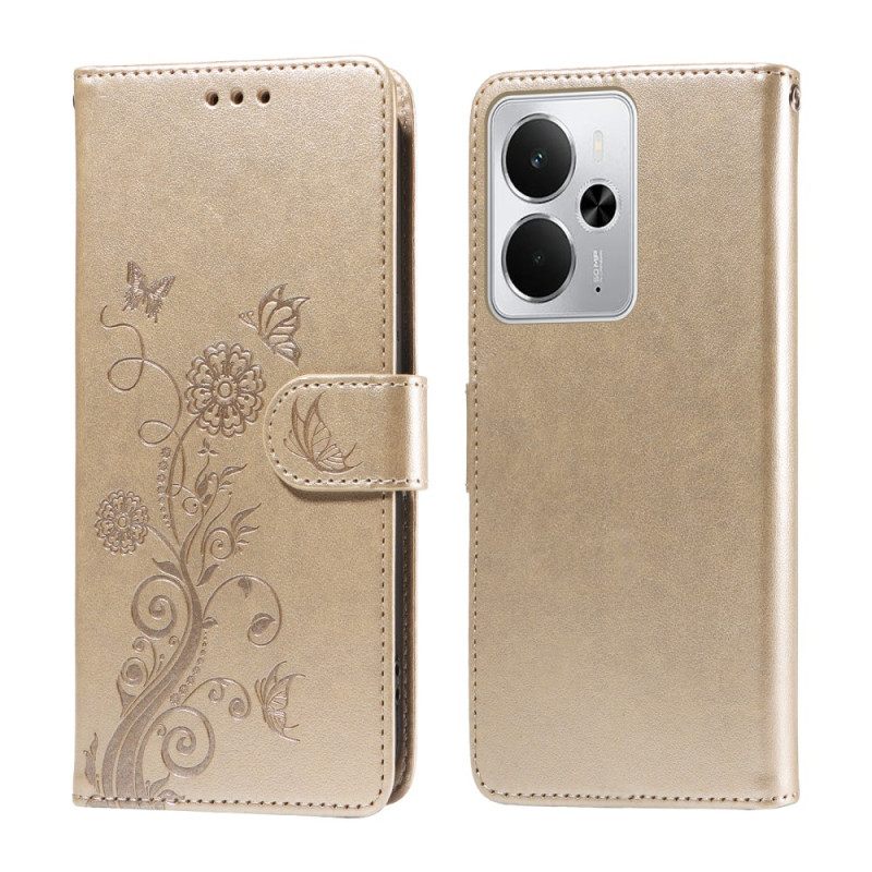 Leren Hoesje Realme 14 5g Bloemen En Vlinders