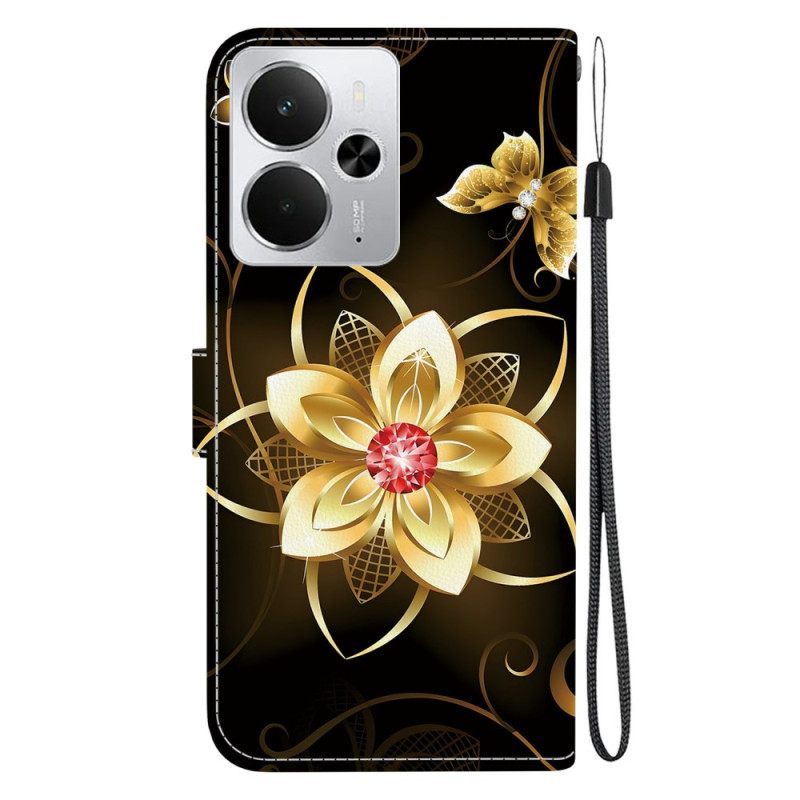 Leren Hoesje Realme 14 5g Gouden Bloemenpatroon Bescherming Hoesje