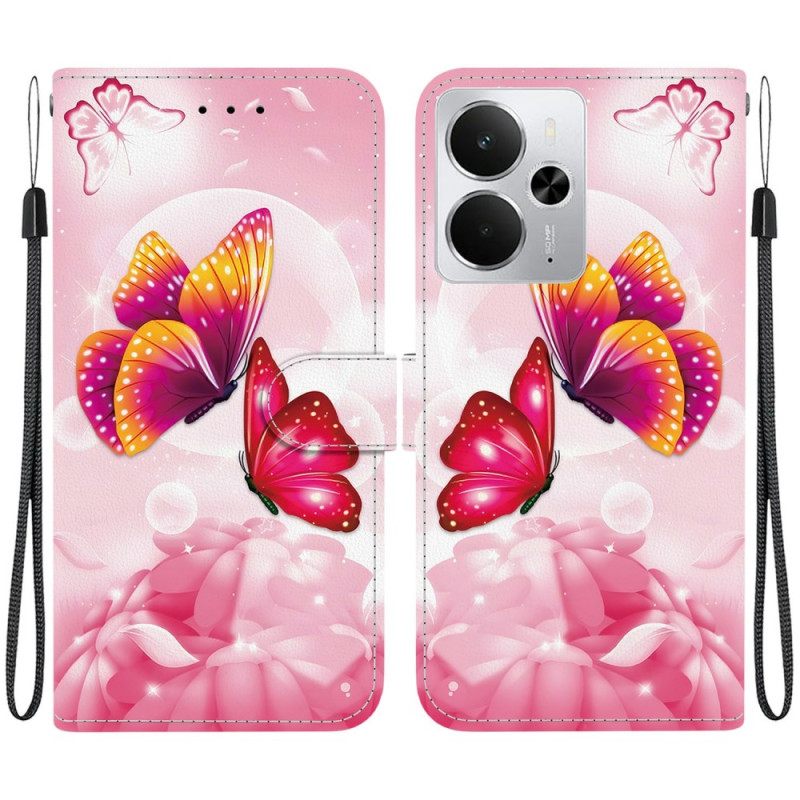 Leren Hoesje Realme 14 5g Roze Vlinders