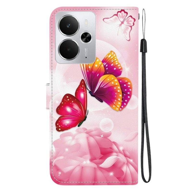 Leren Hoesje Realme 14 5g Roze Vlinders