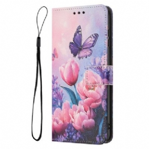 Leren Hoesje Voor Realme 14 5g Roze Bloemen En Vlinders