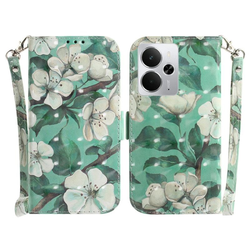 Leren Hoesje Voor Realme 14 5g Witte Bloemen Met Sleutelkoord