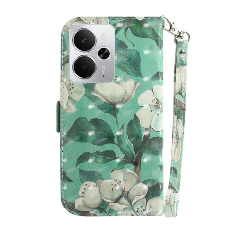 Leren Hoesje Voor Realme 14 5g Witte Bloemen Met Sleutelkoord