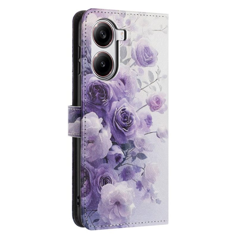 Leren Hoesje Voor Poco X7 Pro 5g Paarse Bloemen