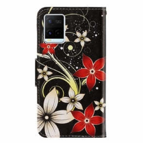 Folio-hoesje voor Vivo Y21 / Y21s / Y33s Anti-fall Rode En Witte Bloemen