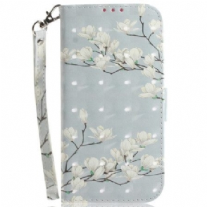 Leren Hoesje Voor Xiaomi Redmi Note 15 5g Witte Magnolia's Met Koord