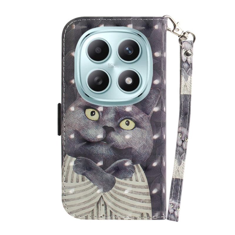 Leren Hoesje Xiaomi Redmi Note 15 5g Grijze Kat Met Koord Bescherming Hoesje