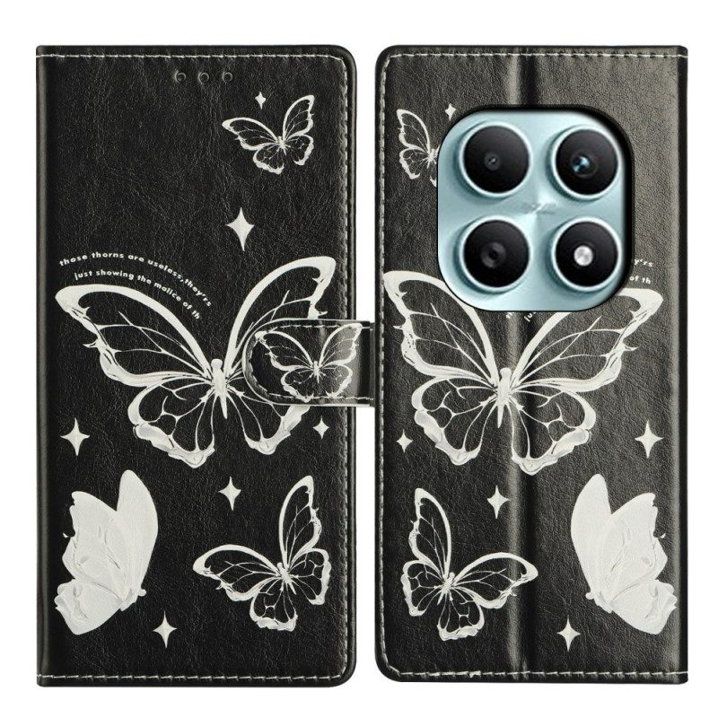 Leren Hoesje Xiaomi Redmi Note 15 5g Zwart-witte Vlinders Bescherming Hoesje