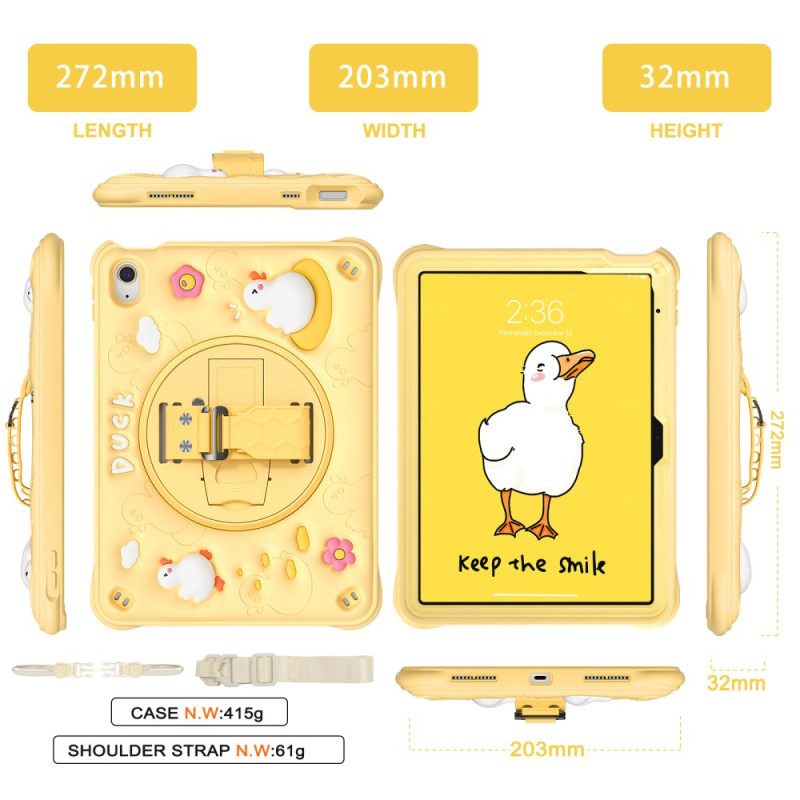 Hoesje iPad (2025) Eend Met Standaard En Schouderriem Voor Kinderen Bescherming Hoesje