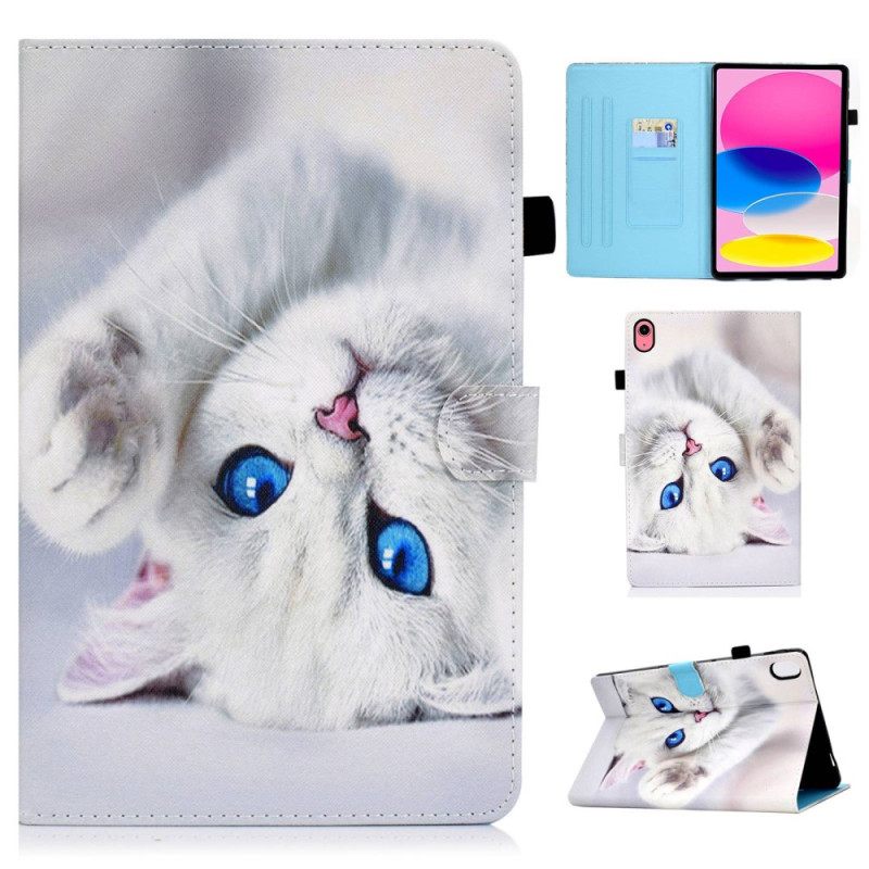 Leren Hoesje iPad (2025) Witte Kat Met Blauwe Ogen Bescherming Hoesje