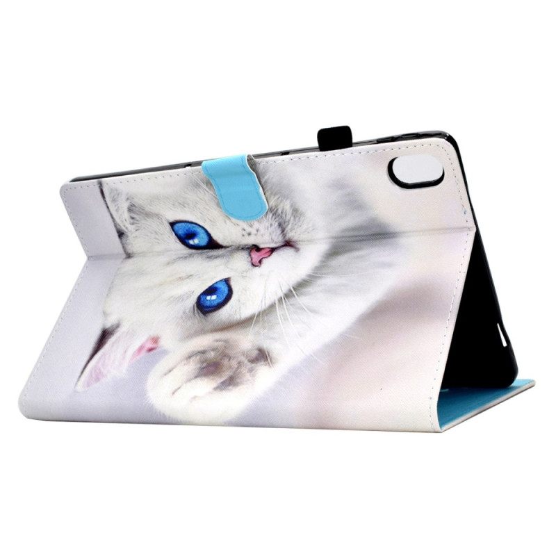 Leren Hoesje iPad (2025) Witte Kat Met Blauwe Ogen Bescherming Hoesje