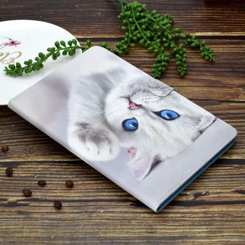 Leren Hoesje iPad (2025) Witte Kat Met Blauwe Ogen Bescherming Hoesje