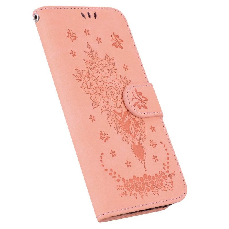 Flip Case voor Moto G73 5G Met Ketting Strappy Rozen En Vlinders